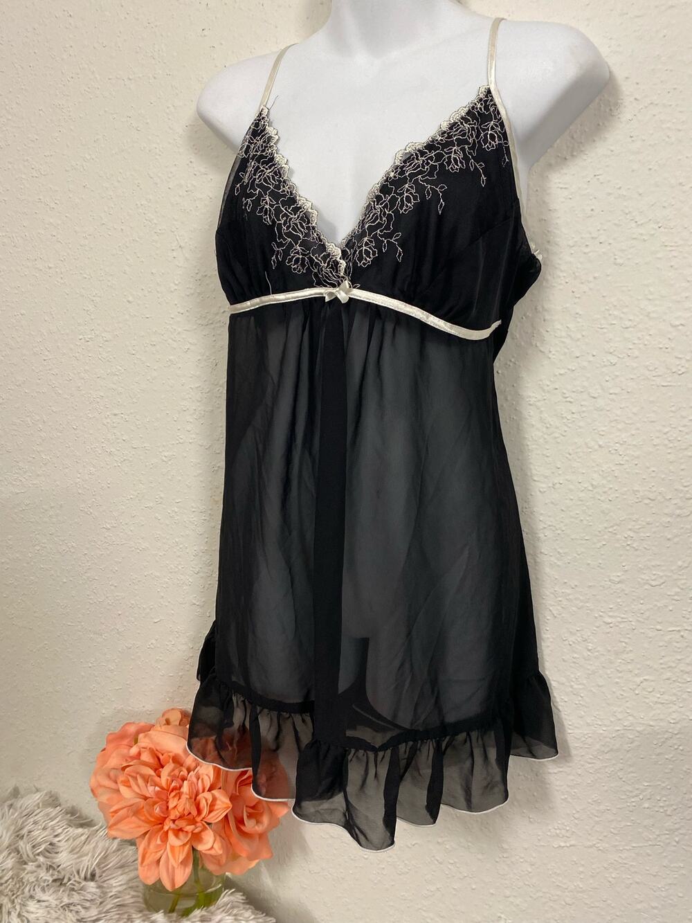 George Sexy Babydoll Nightgown Lingerie Slip Large 12-14 Black Adjustable Strap